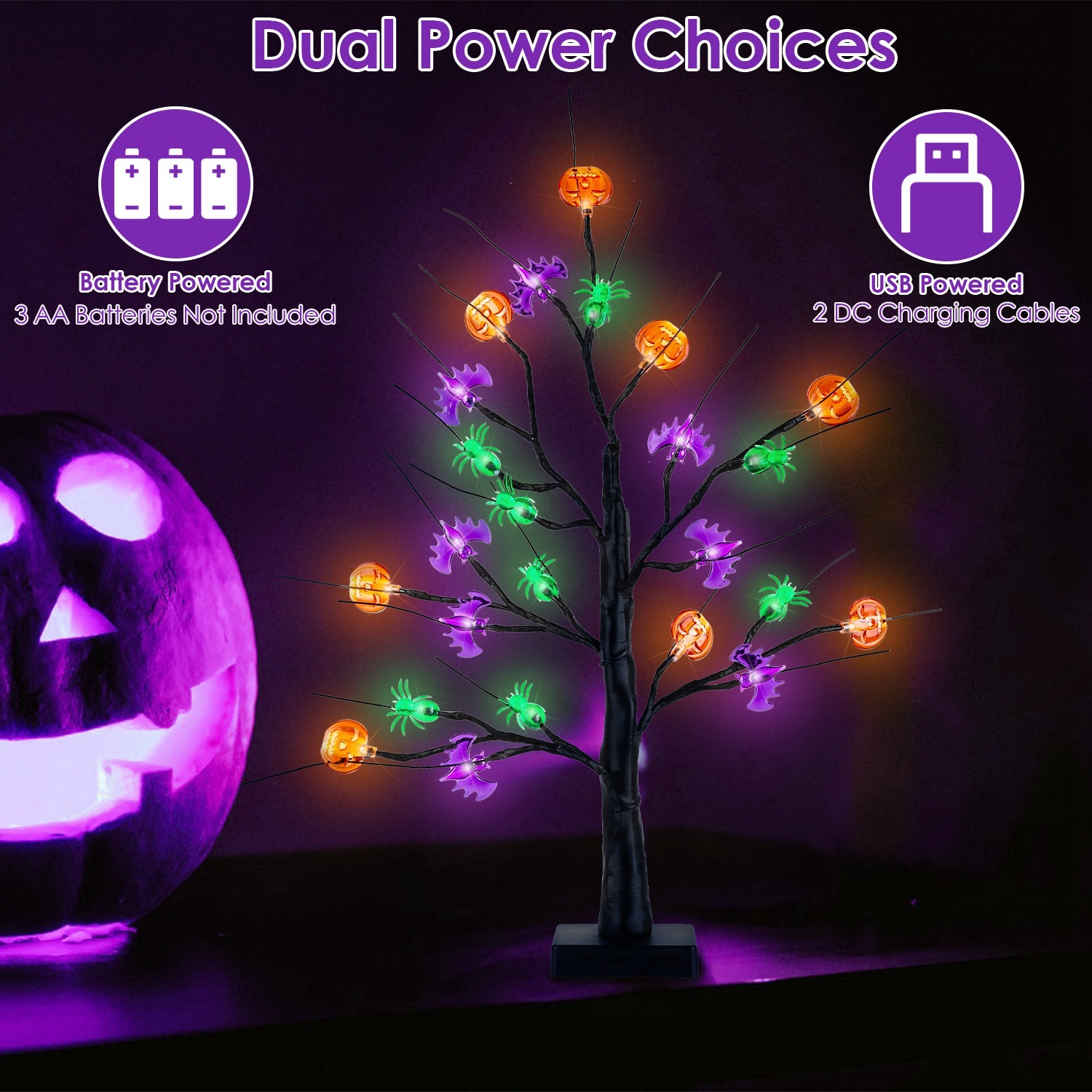 2-Pack 24″ Lighted Black Halloween Trees with Timer – Pre-Lit Tabletop Branch Decor for Indoor Party gallery view 1