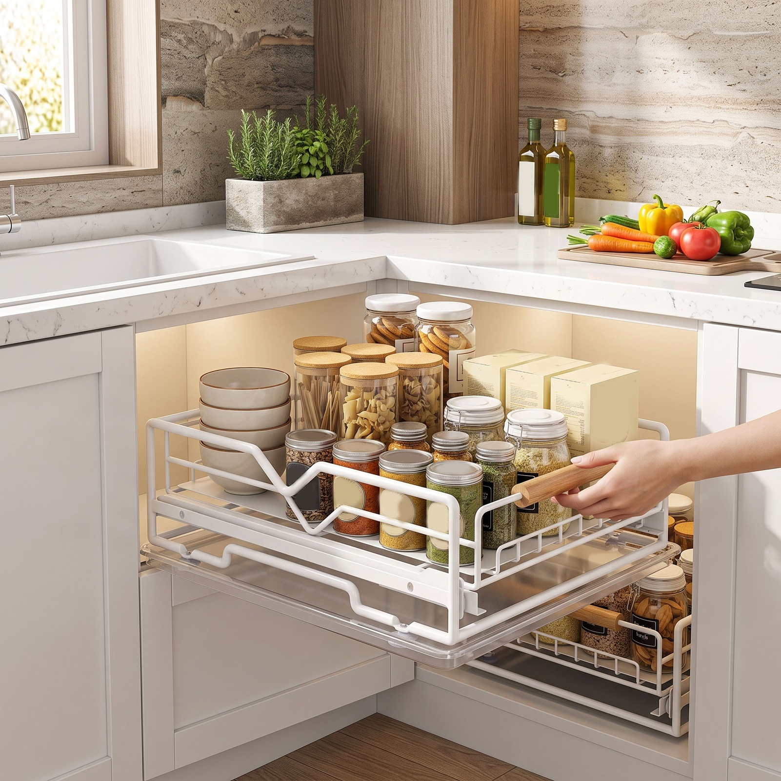 In-Cabinet Pull-Out Action Showing Smooth Slide Access to Lower Kitchen Corner Shelf