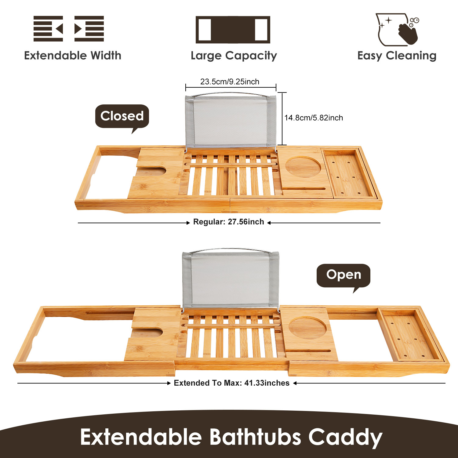 Extendable Bamboo Bathtub Caddy Dimensional Diagram 27.56 inch to 41.33 inch