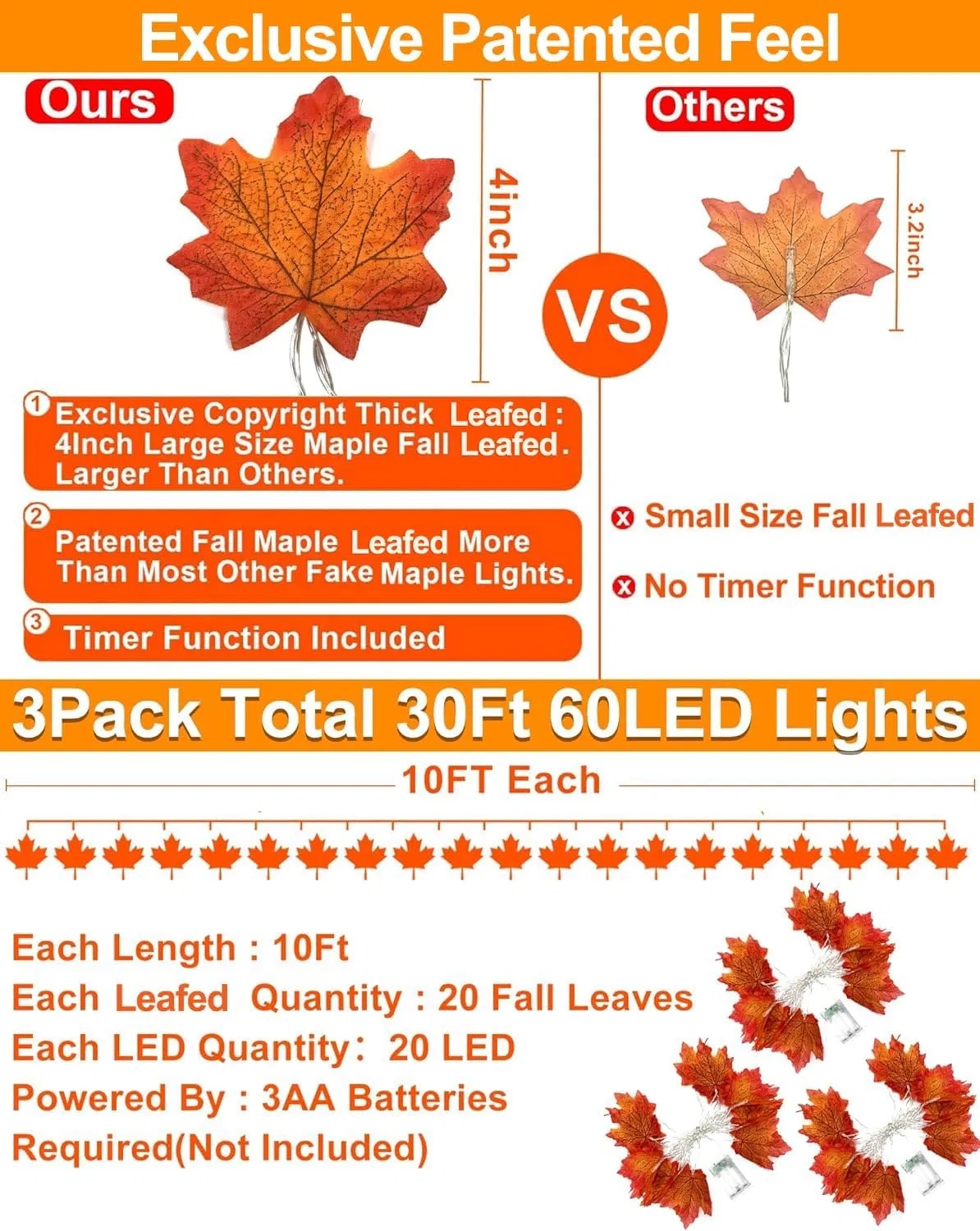 Glowing Autumn Maple Leaf Garland 3-Pack with Smart Timer (30Ft / 60 LEDs) gallery view 1