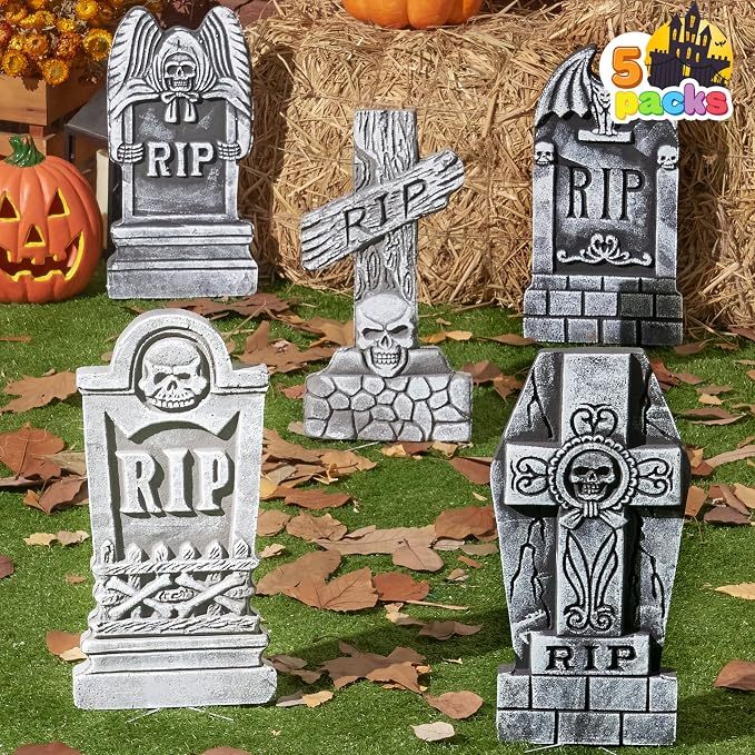 Halloween Foam RIP Tombstones 5-Pack with 12 Metal Stakes (17" Weathered Stone Yard Gravestones, Windproof Outdoor Graveyard Decor for Lawn, Garden & Porch)