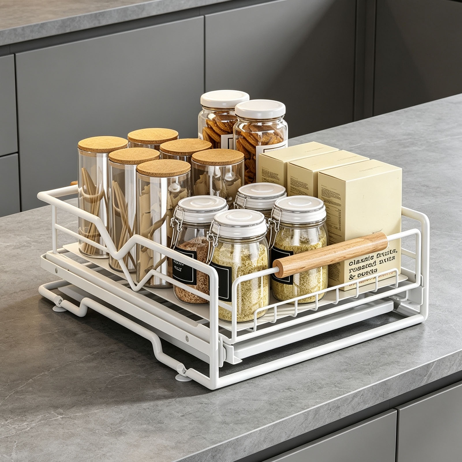 TidyVo Pull-Out Organizer on Modern Dark Kitchen Island Countertop