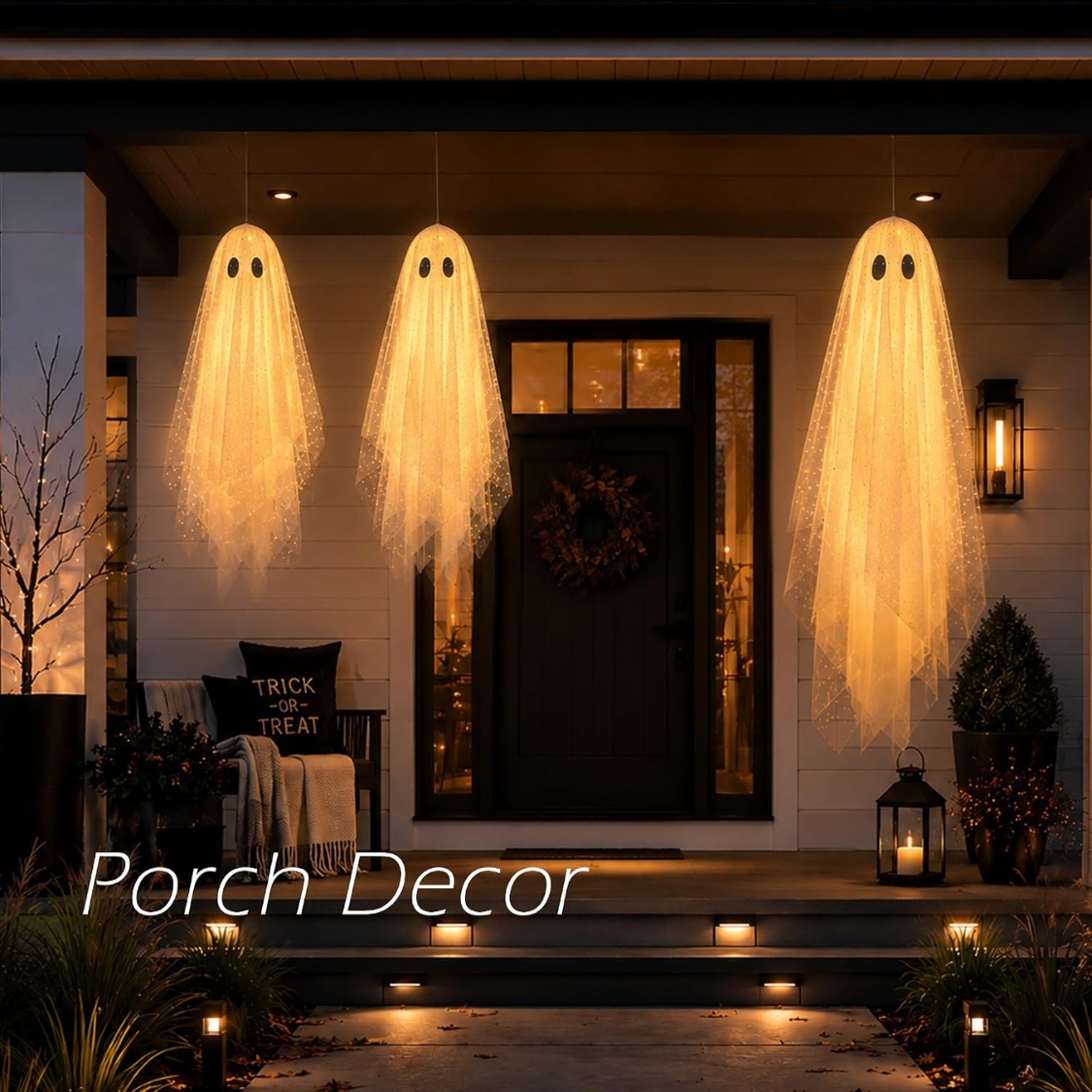 3-Pack Lighted Hanging Ghost Halloween Decorations – Spooky Glowing Flying Ghosts for Outdoor Yard & Indoor Porch gallery view 3