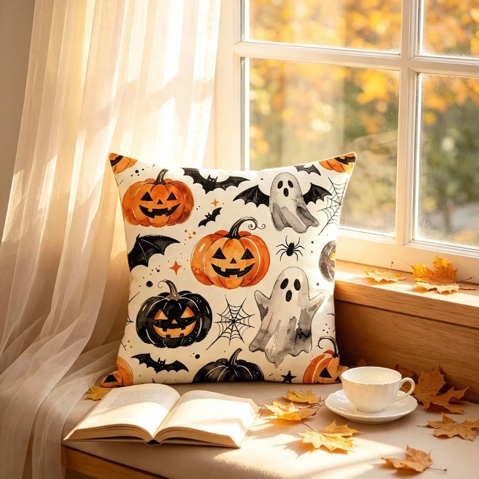 Cute Ghost & Pumpkin Halloween Throw Pillow Cover (18" × 18" Rustic Faux Linen Cushion Case with Invisible Zipper, Autumn Watercolor Print for Sofa, Couch, Bench & Bed)