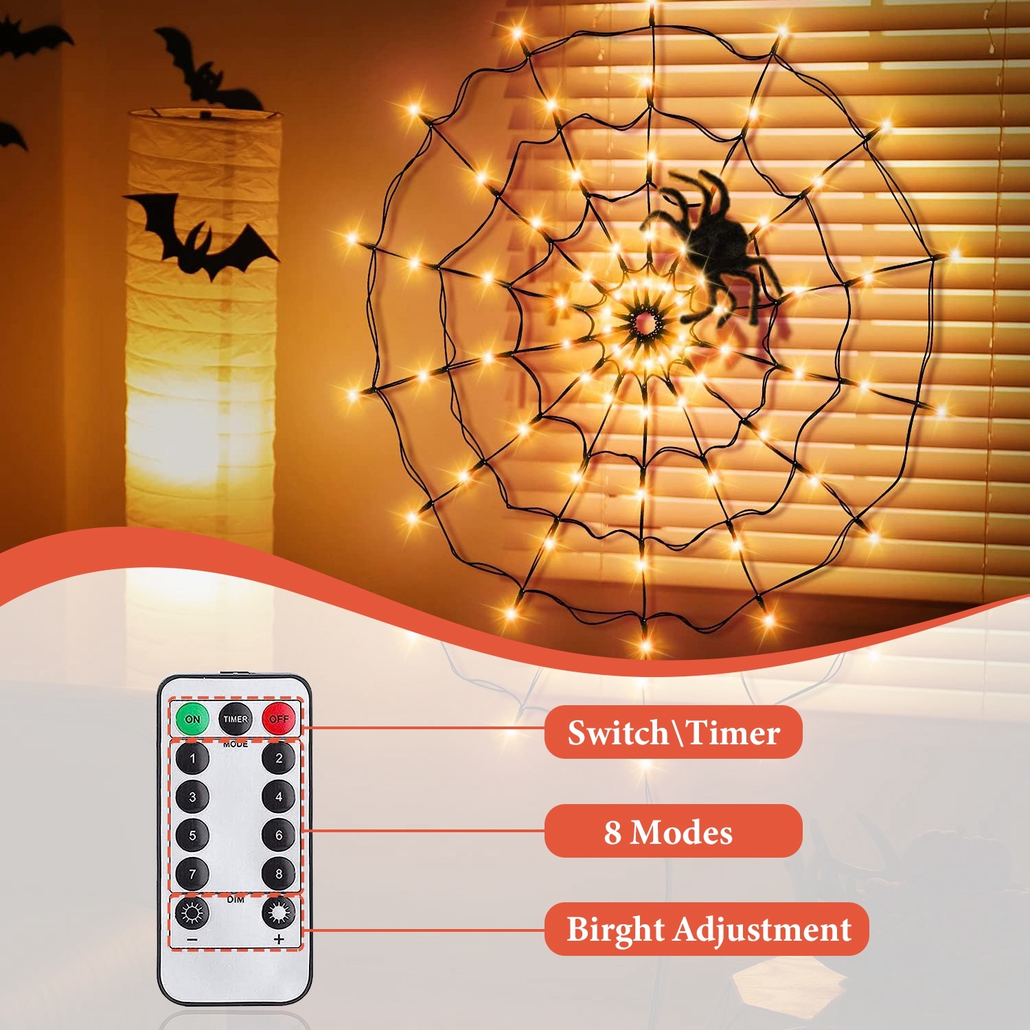 Halloween Spider Web Lights with Plush Spider – 3.3FT 70-LED Battery Operated Decor with Remote gallery view 5
