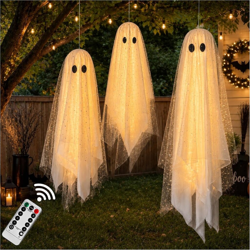 3-Pack Lighted Hanging Ghost Halloween Decorations – Spooky Glowing Flying Ghosts for Outdoor Yard & Indoor Porch