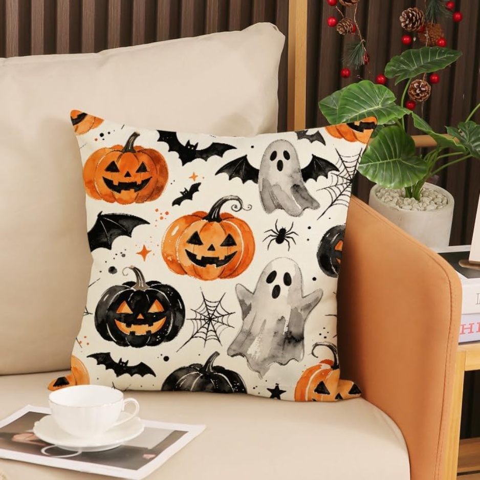 Cute Ghost & Pumpkin Halloween Throw Pillow Cover (18" × 18" Rustic Faux Linen Cushion Case with Invisible Zipper, Autumn Watercolor Print for Sofa, Couch, Bench & Bed) gallery view 2