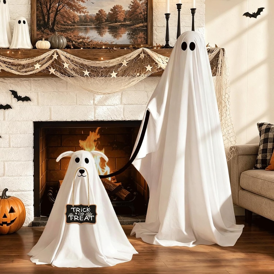 Lighted Ghost Walking Dog Halloween Decor 2-Piece Set (Standing 47" Ghost with Leash & 27.5" Puppy with Trick-or-Treat Sign, 8 Modes & Remote, Milk Fleece Indoor & Outdoor Lawn Yard Decor) gallery view 4