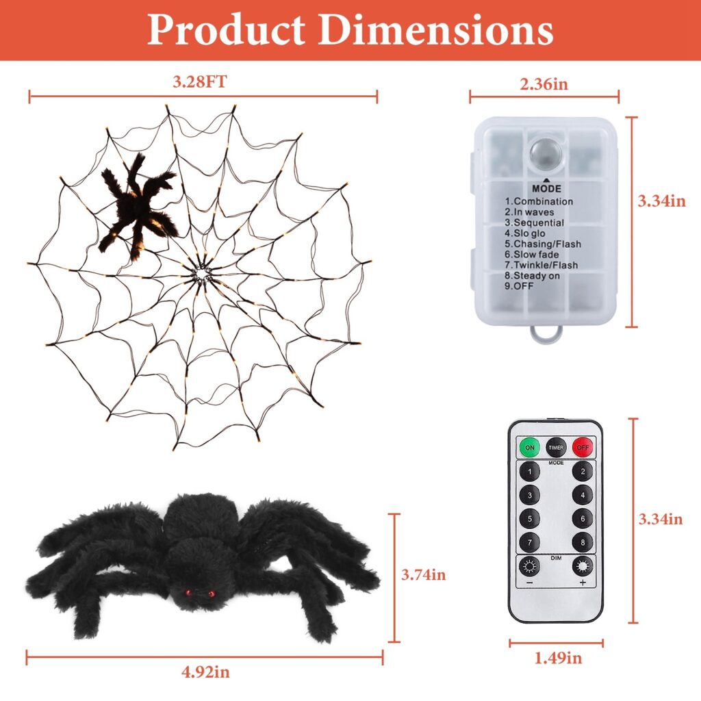 Halloween Spider Web Lights with Plush Spider – 3.3FT 70-LED Battery Operated Decor with Remote