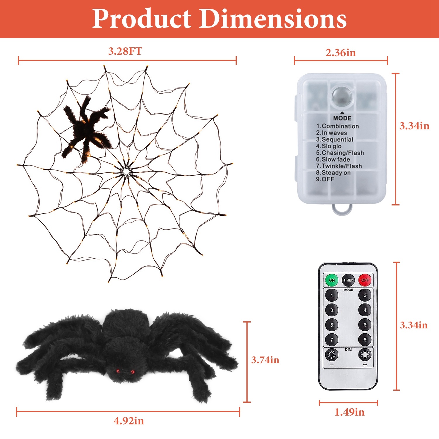 Halloween Spider Web Lights with Plush Spider – 3.3FT 70-LED Battery Operated Decor with Remote gallery view 1