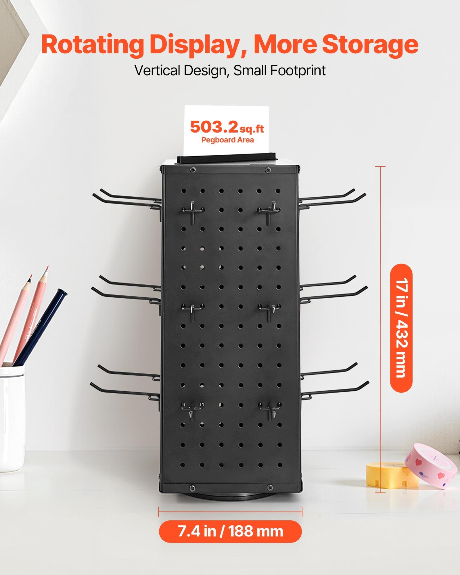 Rotating Pegboard Display Stand (4-Sided 360° Spinning Tower, 24 Steel Hooks, Heavy-Duty Cold-Rolled Steel Countertop Organizer for Crafts, Jewelry & Tools, Matte Black) gallery view 3