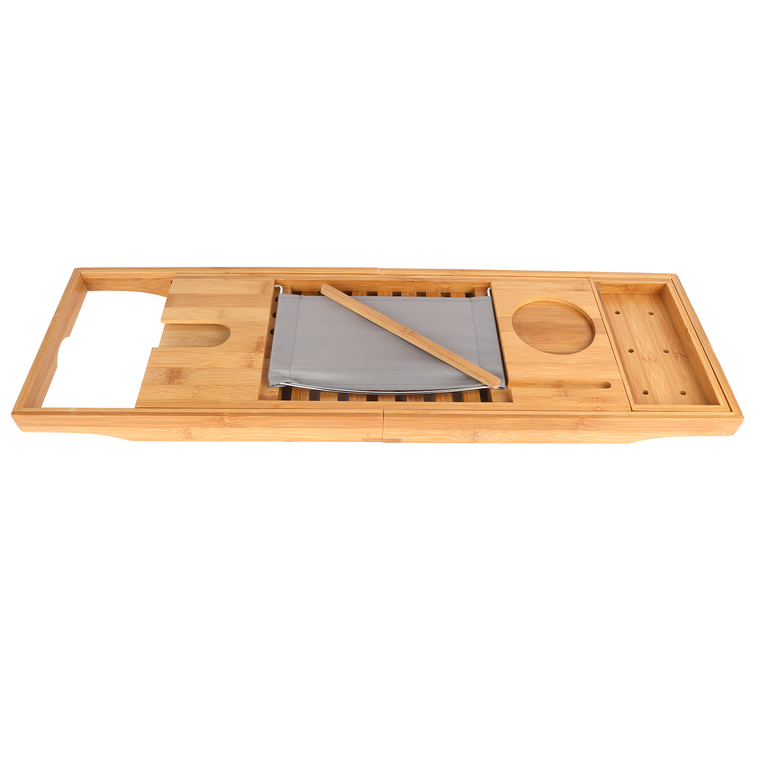 Extendable Bamboo Bathtub Caddy Tray with Wine Glass Holder & Tablet Reading Rack (Adjustable 27.6" – 41.3" Home Spa Organizer) gallery view 2