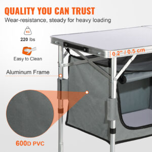 Folding Camping Kitchen Table with 3 Adjustable Heights & Storage Organizer (Quick-Setup Portable Cook Station)