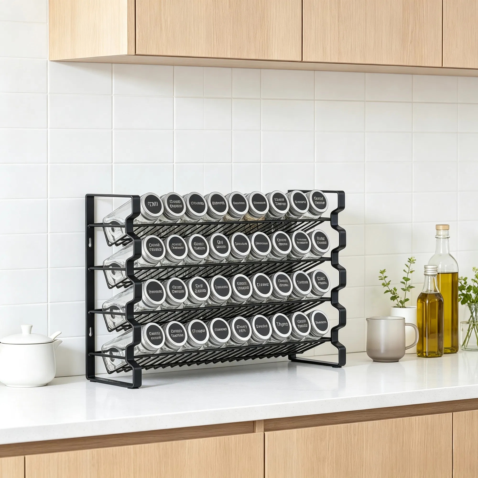 TidyVo 4-Tier Black Metal Spice Rack Loaded with 36 Matching Glass Jars on Countertop