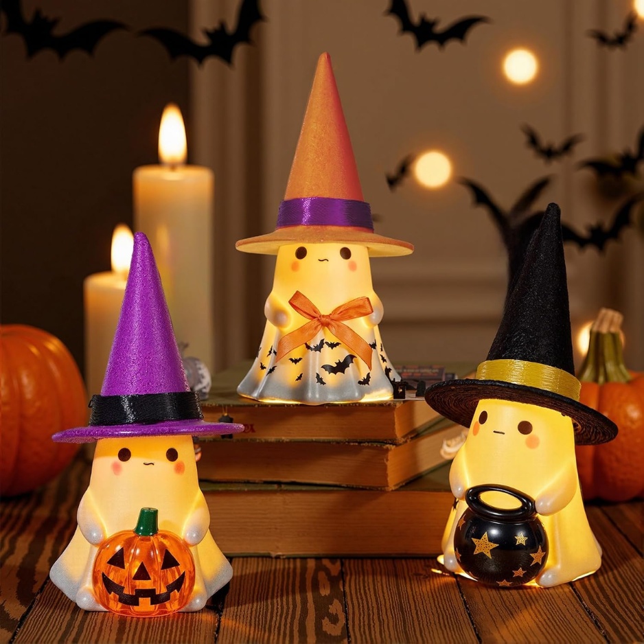 Cute Ceramic Light-Up Ghost Figurines 3-Pack (Hand-Glazed Porcelain Tabletop Ghosts with Felt Witch Hats, Warm LED Night Light for Fireplace Mantel, Tiered Tray & Shelf Decor) gallery view 3