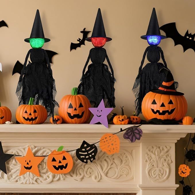 TidyVo Witch Trio on Fireplace Mantel with Jack-O'-Lanterns