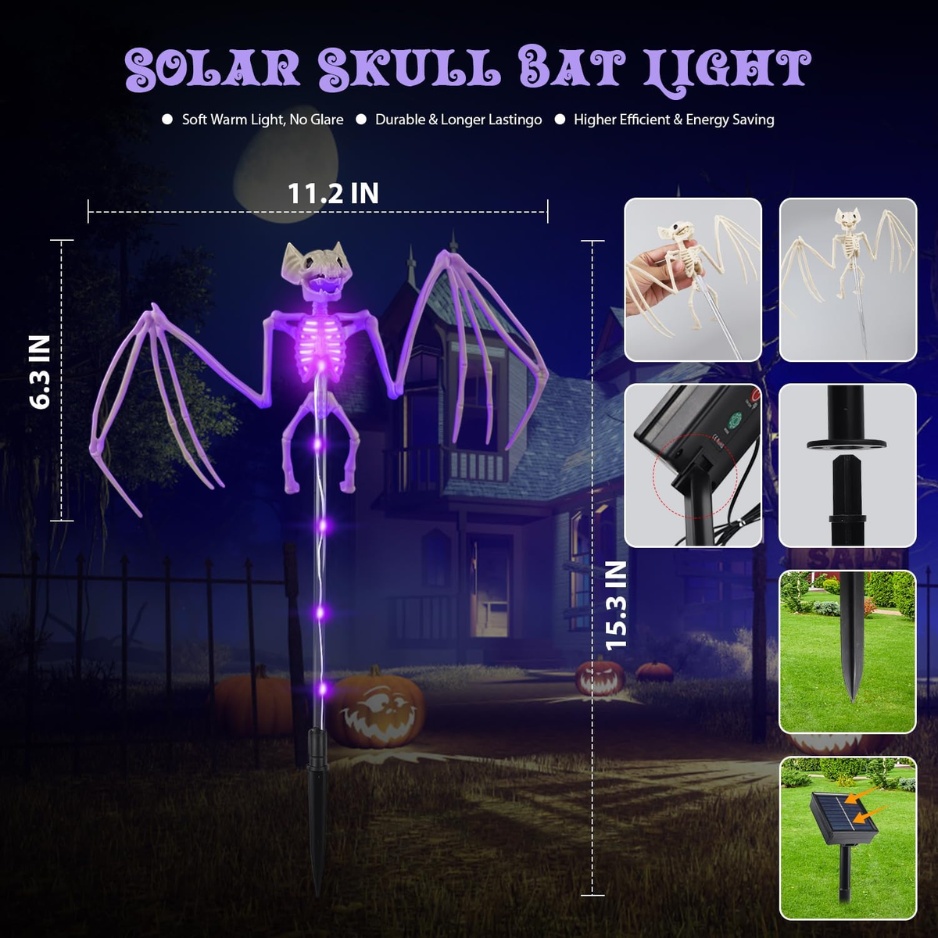 Solar 3D Bat Skeleton Pathway Lights (2-Pack / 8 Modes – IP65 Waterproof) gallery view 3