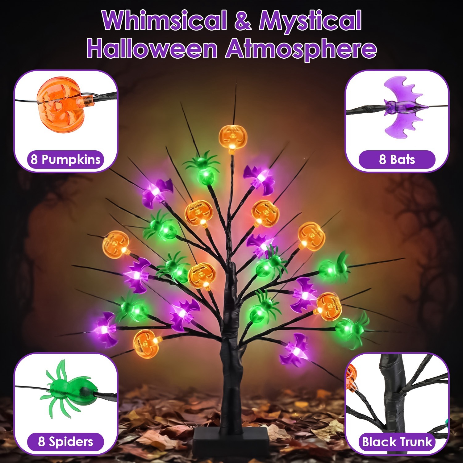 2-Pack 24″ Lighted Black Halloween Trees with Timer – Pre-Lit Tabletop Branch Decor for Indoor Party gallery view 9