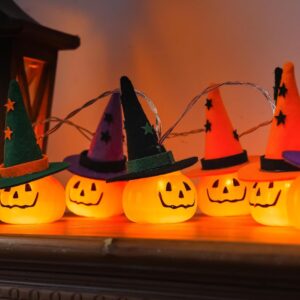 Halloween Pumpkin Witch Hat String Lights (4.9 FT 10-LED Jack-O'-Lantern Fairy Lights, 2 Lighting Modes, Battery-Operated Spooky Indoor & Outdoor Holiday Decor)