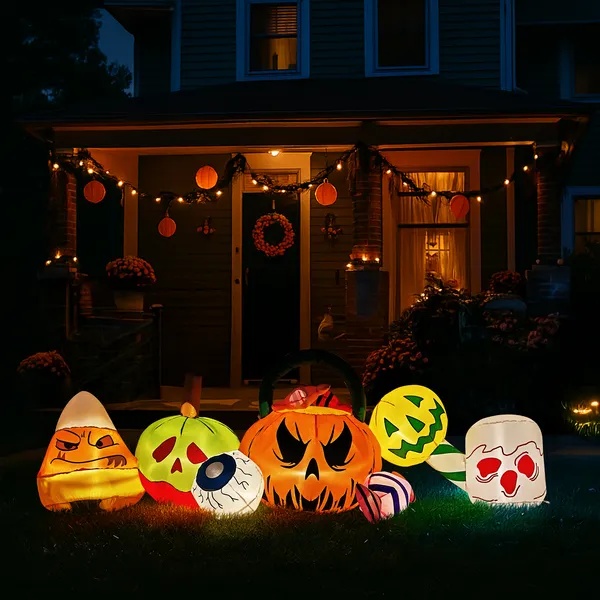 8 Ft Inflatable Halloween Pumpkin Candy Bucket, Spooky Eyeball & Treats Yard Decor with Built-In LEDs (Outdoor Lawn Blow-Up) gallery view 4