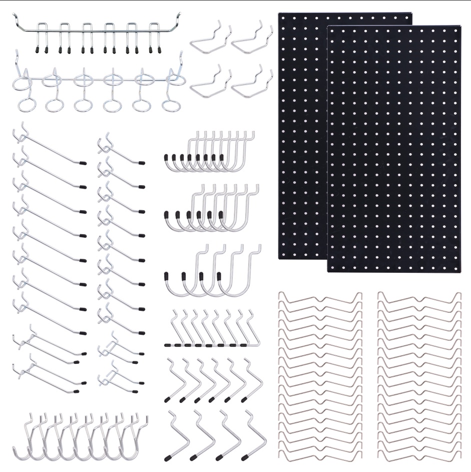 108-Piece Heavy-Duty Steel Pegboard & Hook Organizer Kit (2 Metal Panels, 68 Assorted Hooks, 36 Locks & Specialty Tool Racks, Black)