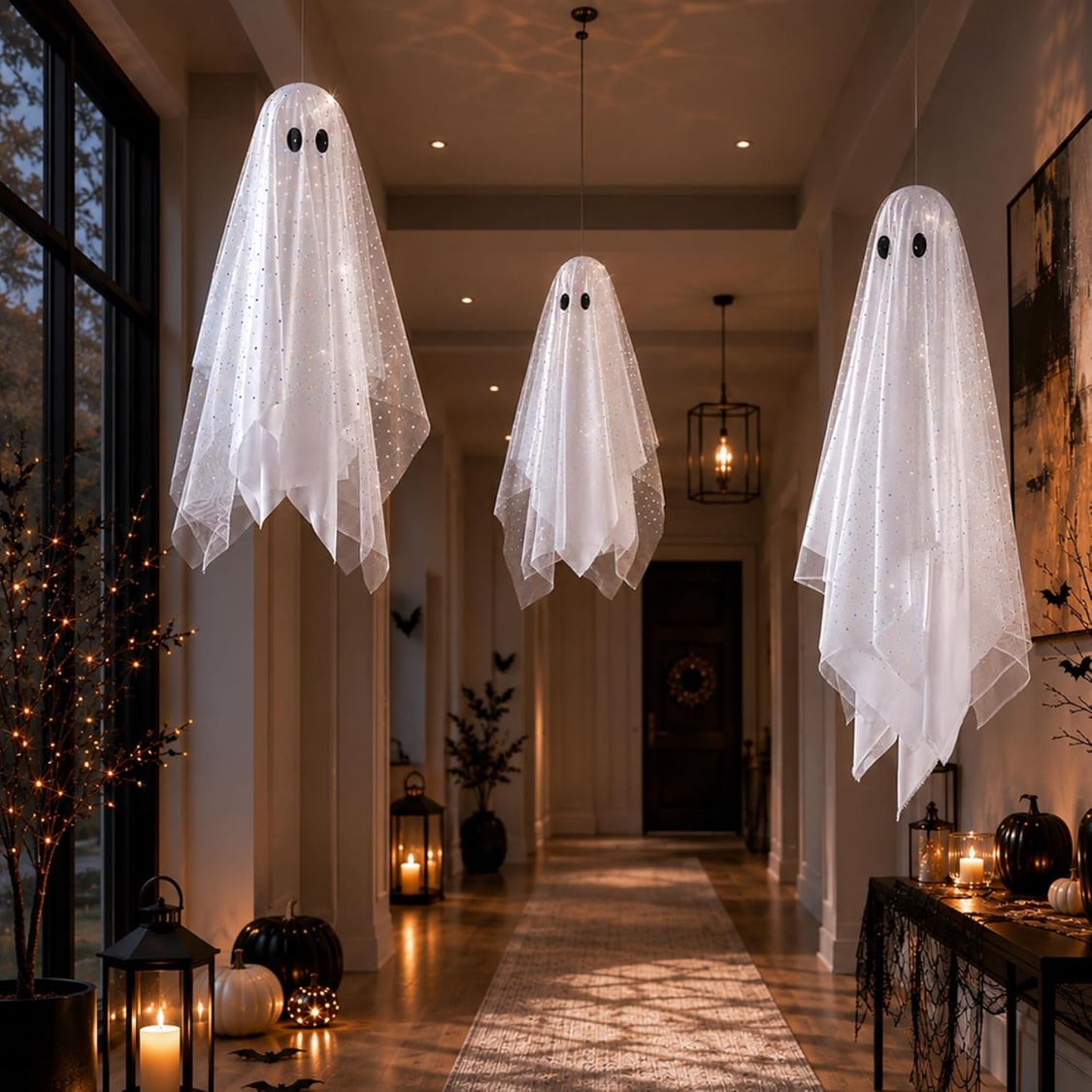 3-Pack Lighted Hanging Ghost Halloween Decorations – Spooky Glowing Flying Ghosts for Outdoor Yard & Indoor Porch gallery view 6