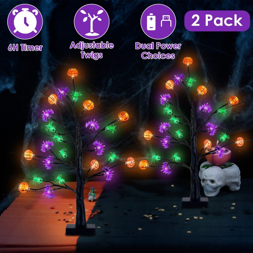 2-Pack 24″ Lighted Black Halloween Trees with Timer – Pre-Lit Tabletop Branch Decor for Indoor Party