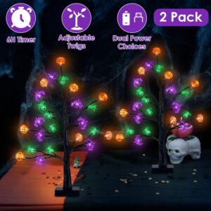 2-Pack 24" Lighted Black Halloween Trees with Timer - Pre-Lit Tabletop Branch Decor for Indoor Party