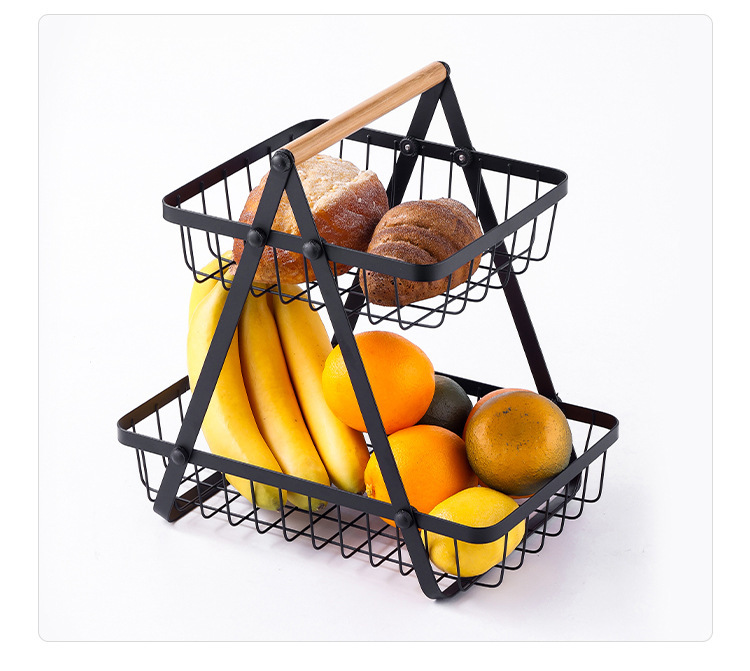 2 & 3-Tier Kitchen Countertop Fruit & Vegetable Storage Basket Stand with Wooden Handle (Rustproof Carbon Steel Wire Organizer) gallery view 2