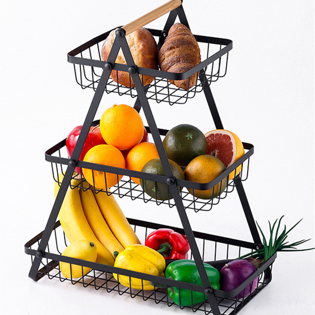 2 & 3-Tier Kitchen Countertop Fruit & Vegetable Storage Basket Stand with Wooden Handle (Rustproof Carbon Steel Wire Organizer)