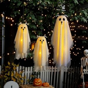 Lighted Halloween Hanging Ghost Dogs 3-Pack (Assorted 38.6" & 24.4" Fabric Puppy Ghosts with Warm LED Lights & Remote, Floppy Ears & Glitter Gauze Outdoor Porch & Yard Decor)