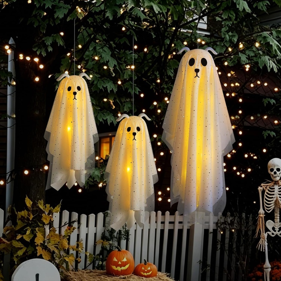 Lighted Halloween Hanging Ghost Dogs 3-Pack (Assorted 38.6" & 24.4" Fabric Puppy Ghosts with Warm LED Lights & Remote, Floppy Ears & Glitter Gauze Outdoor Porch & Yard Decor)