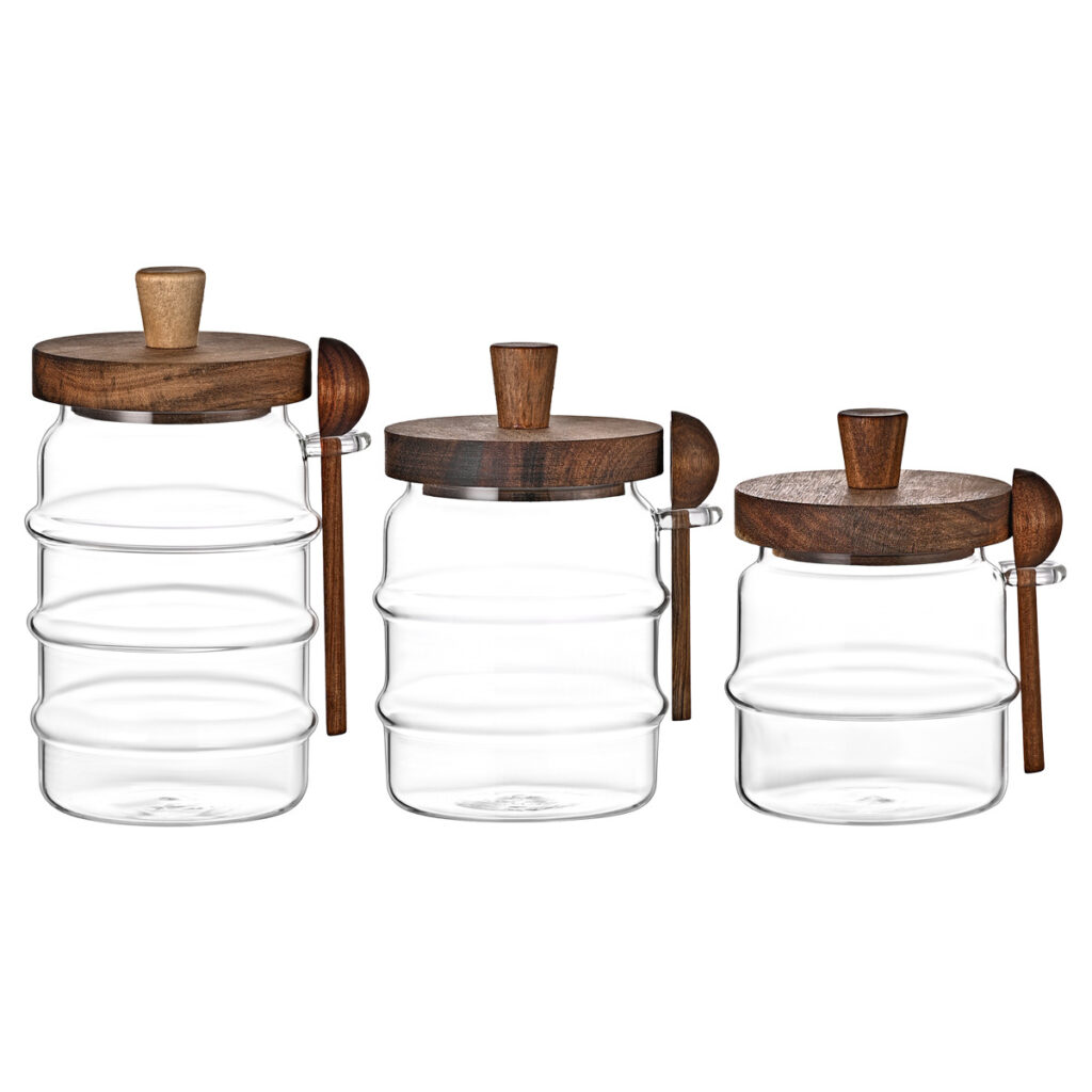 3-Piece Ribbed Glass Storage Canister Set with Airtight Acacia Wood Lids & Wooden Spoons (15 oz, 18.5 oz, 25 oz Coffee Bar & Pantry Organizers)