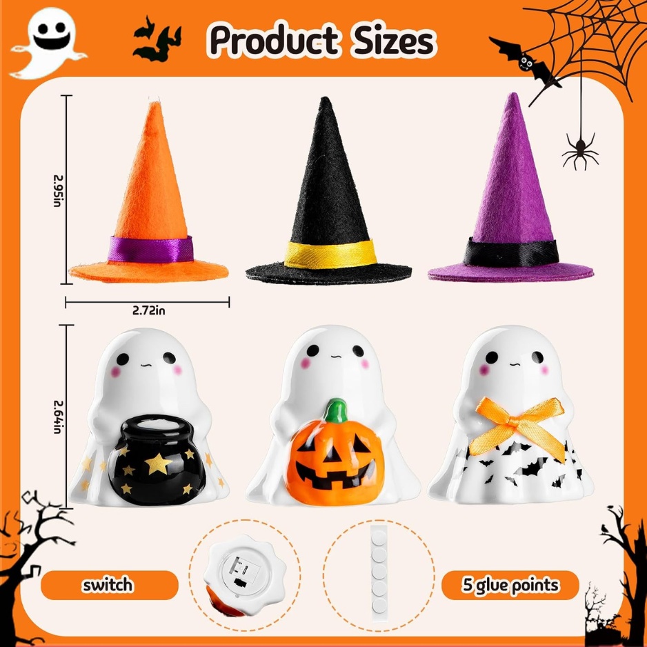 Cute Ceramic Light-Up Ghost Figurines 3-Pack (Hand-Glazed Porcelain Tabletop Ghosts with Felt Witch Hats, Warm LED Night Light for Fireplace Mantel, Tiered Tray & Shelf Decor) gallery view 4