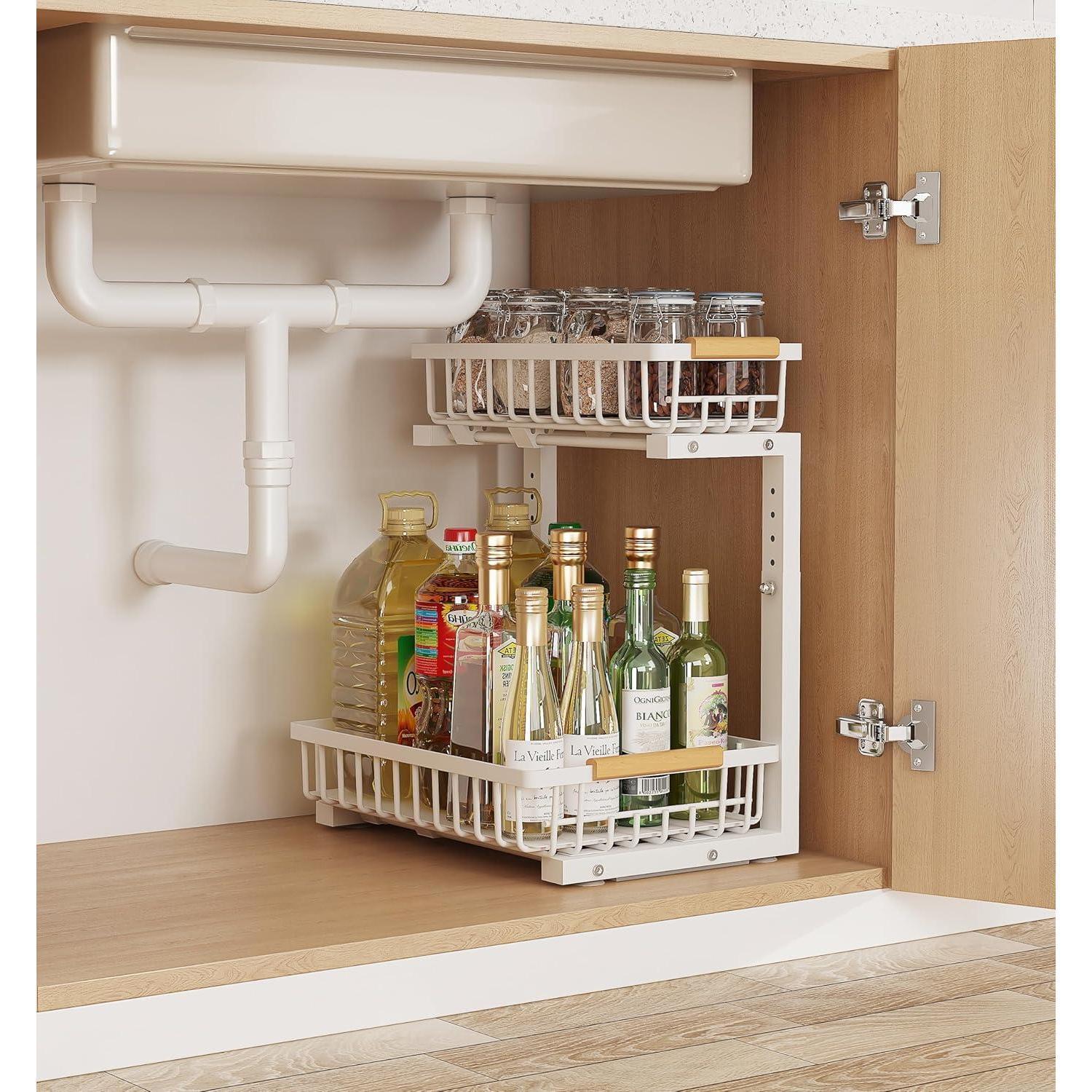 2-Tier Adjustable Under Sink Organizer (Pull-Out L-Shaped Metal Storage Rack for Kitchen & Bathroom) gallery view 2