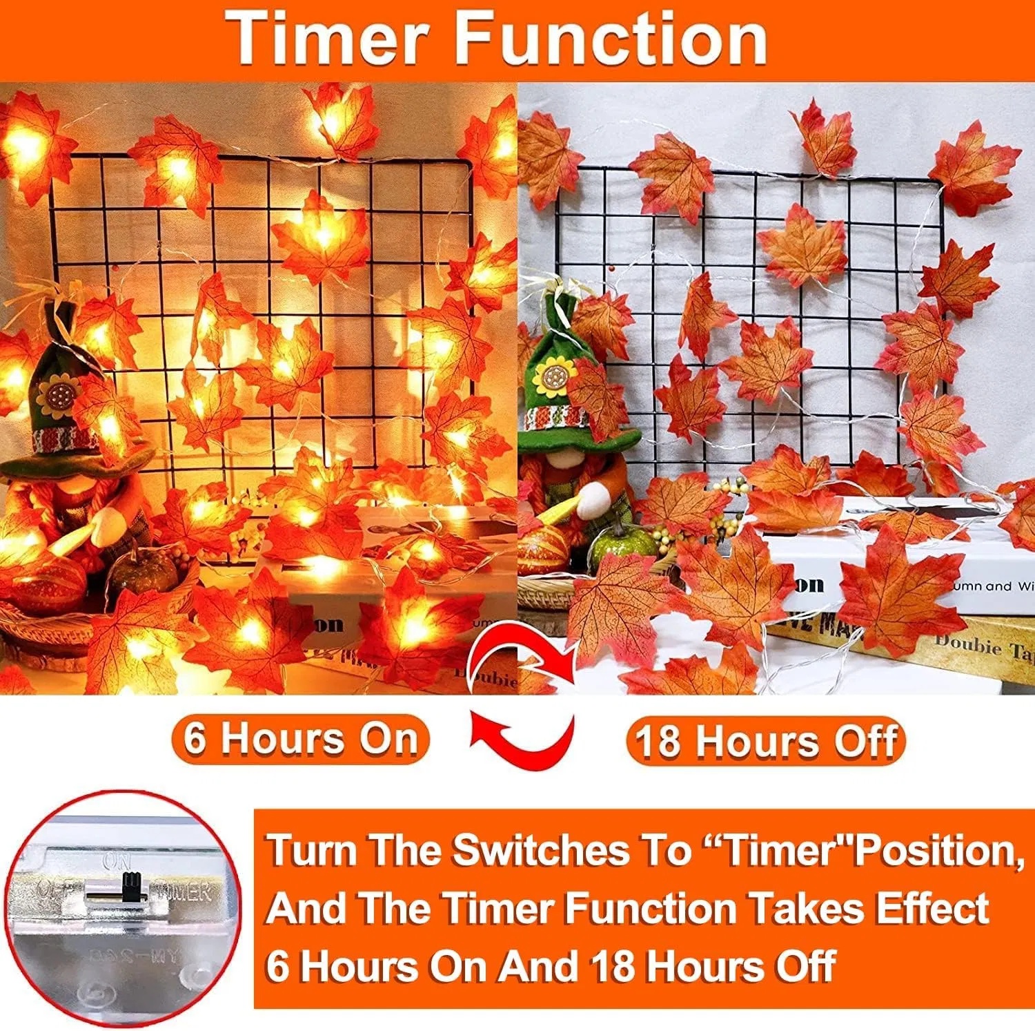 Glowing Autumn Maple Leaf Garland 3-Pack with Smart Timer (30Ft / 60 LEDs) gallery view 4