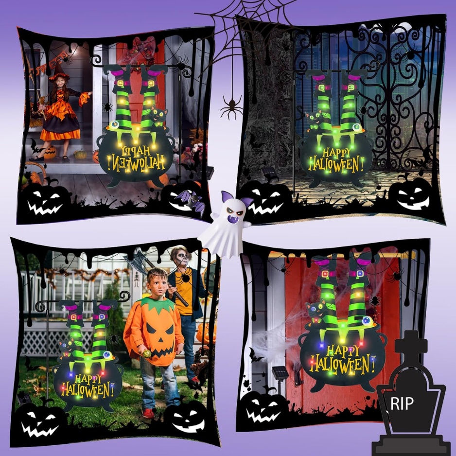Solar-Powered Lighted Witch Feet Halloween Garden Flag (12" × 18" Double-Sided Yard Decor, 8 Lighting Modes, Waterproof Fabric with Solar Panel for Lawn, Walkway & Porch)