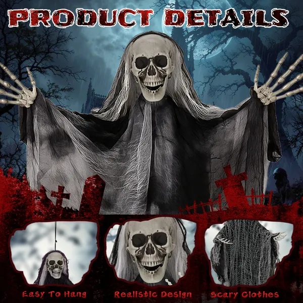 3-Pack Hanging Halloween Grim Reaper Skeleton Ghosts with Posable Arms (Outdoor Tree & Porch Spooky Yard Decor) gallery view 4