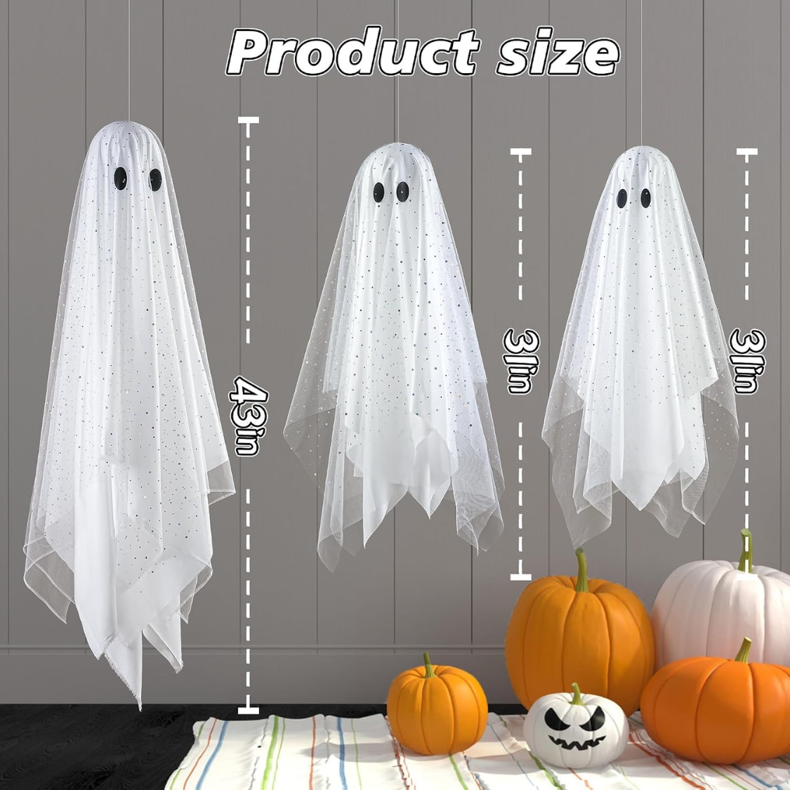 3-Pack Lighted Hanging Ghost Halloween Decorations – Spooky Glowing Flying Ghosts for Outdoor Yard & Indoor Porch gallery view 2