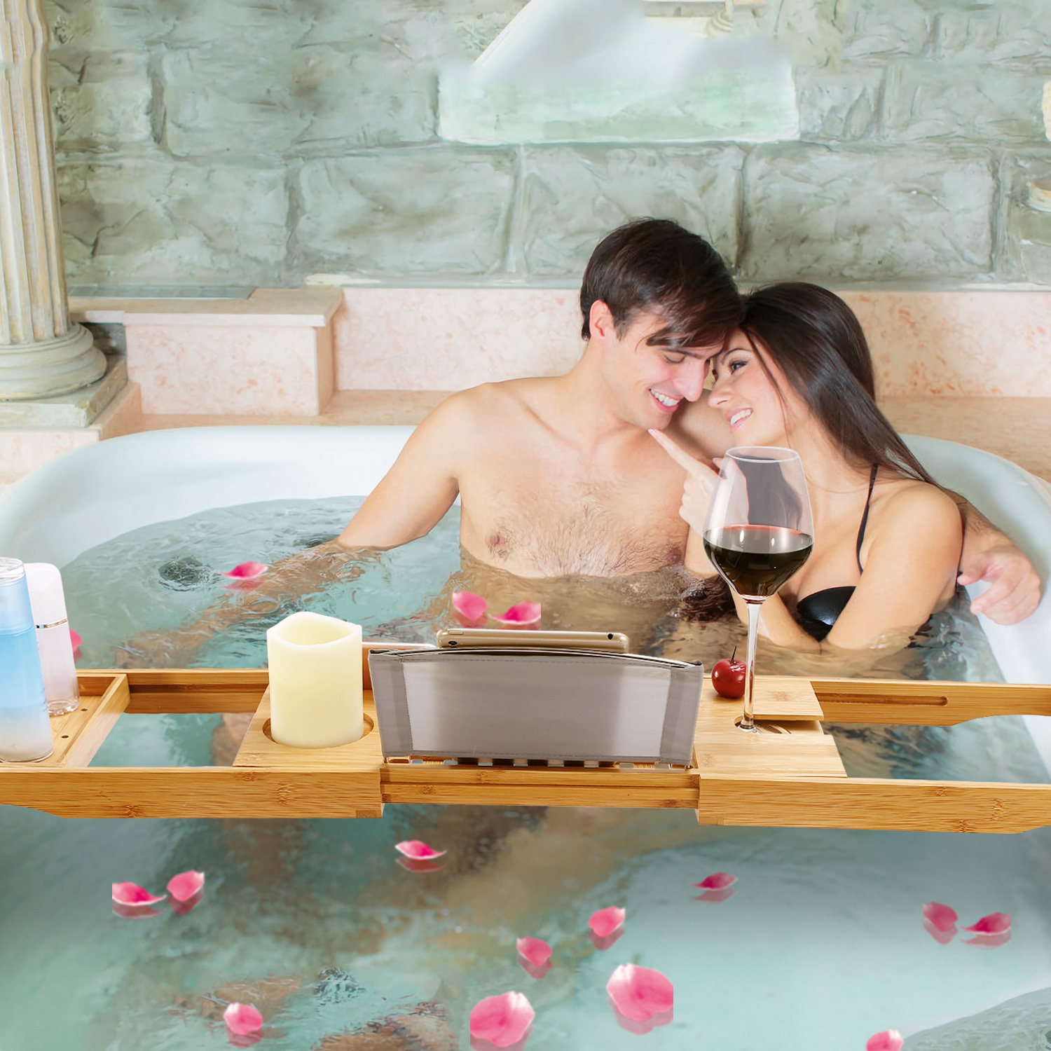 Extendable Bamboo Bathtub Caddy Tray with Wine Glass Holder & Tablet Reading Rack (Adjustable 27.6" – 41.3" Home Spa Organizer) gallery view 9