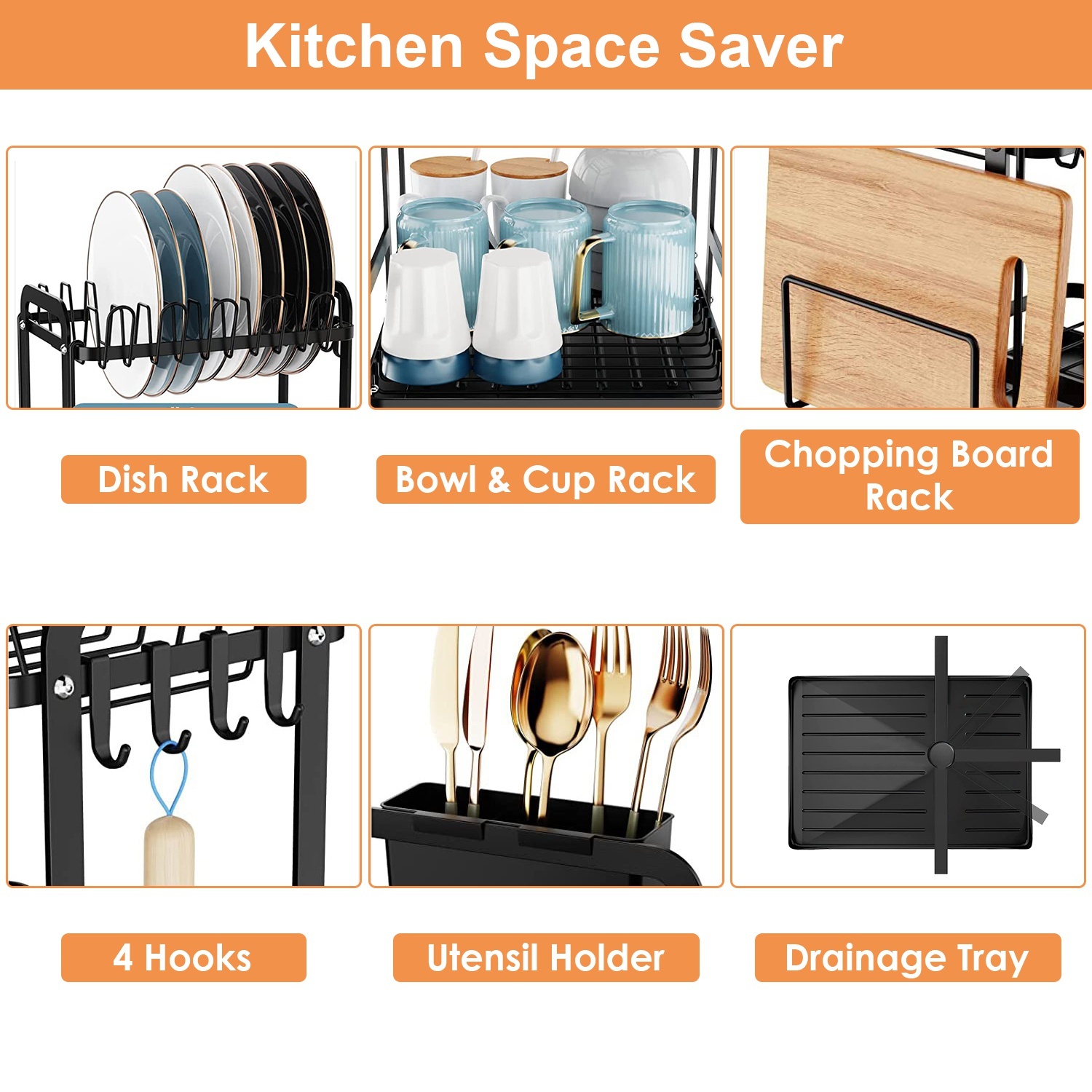 2-Tier Dish Drying Rack with 360° Swivel Drainboard (Rustproof Kitchen Counter Organizer) gallery view 3