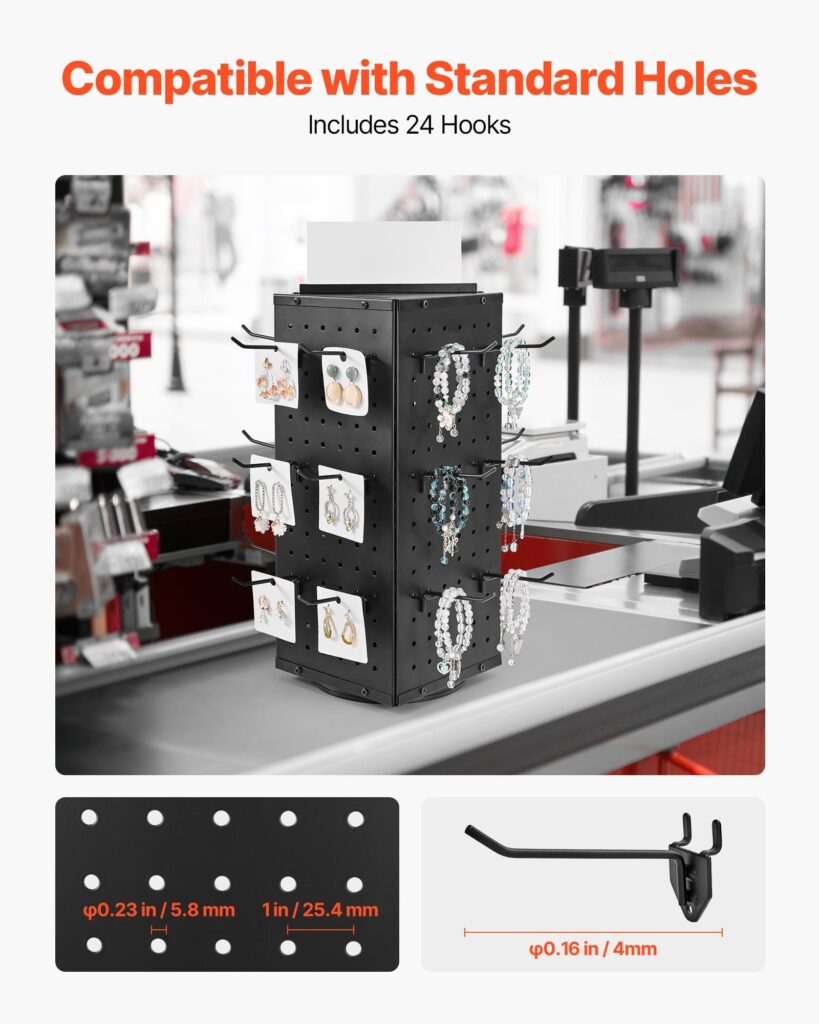 Rotating Pegboard Display Stand (4-Sided 360° Spinning Tower, 24 Steel Hooks, Heavy-Duty Cold-Rolled Steel Countertop Organizer for Crafts, Jewelry & Tools, Matte Black)
