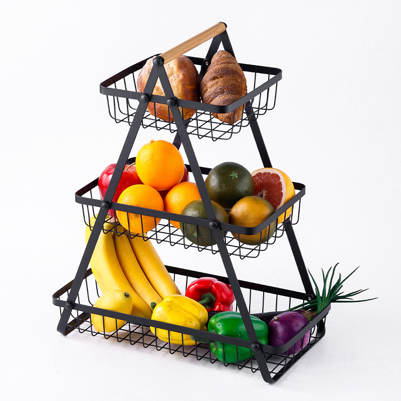 2 & 3-Tier Kitchen Countertop Fruit & Vegetable Storage Basket Stand with Wooden Handle (Rustproof Carbon Steel Wire Organizer)