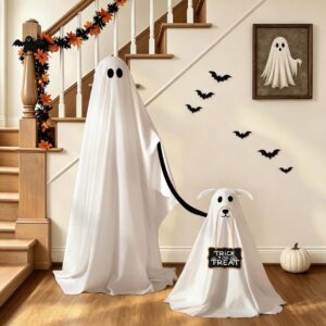 Lighted Ghost Walking Dog Halloween Decor 2-Piece Set (Standing 47" Ghost with Leash & 27.5" Puppy with Trick-or-Treat Sign, 8 Modes & Remote, Milk Fleece Indoor & Outdoor Lawn Yard Decor)