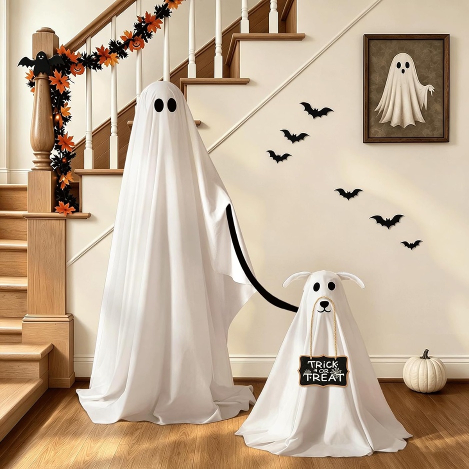Lighted Ghost Walking Dog Halloween Decor 2-Piece Set (Standing 47" Ghost with Leash & 27.5" Puppy with Trick-or-Treat Sign, 8 Modes & Remote, Milk Fleece Indoor & Outdoor Lawn Yard Decor)
