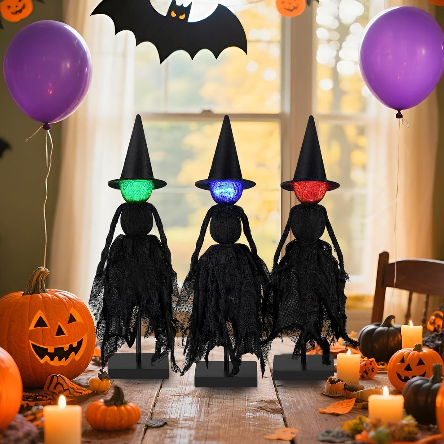 Lighted Halloween Witch Trio as Festive Dinner Table Centerpiece