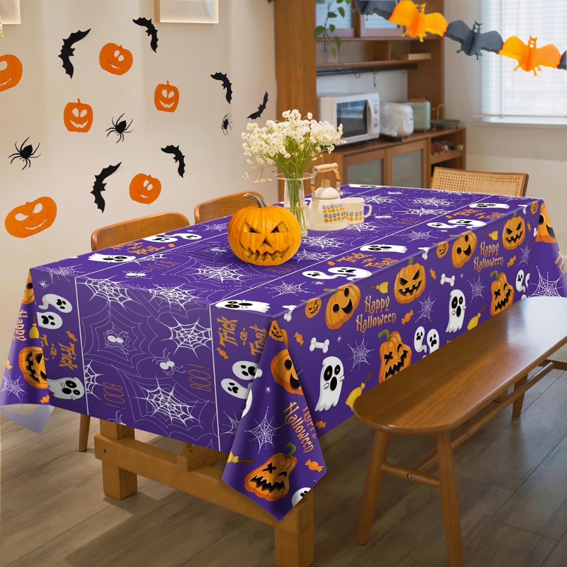 Disposable Halloween Plastic Tablecloth 2-Pack (87" × 51" Waterproof & Oil-Proof Rectangular Table Covers, 1 Black & 1 Purple for Parties, Pumpkin Carving & Buffets) gallery view 4