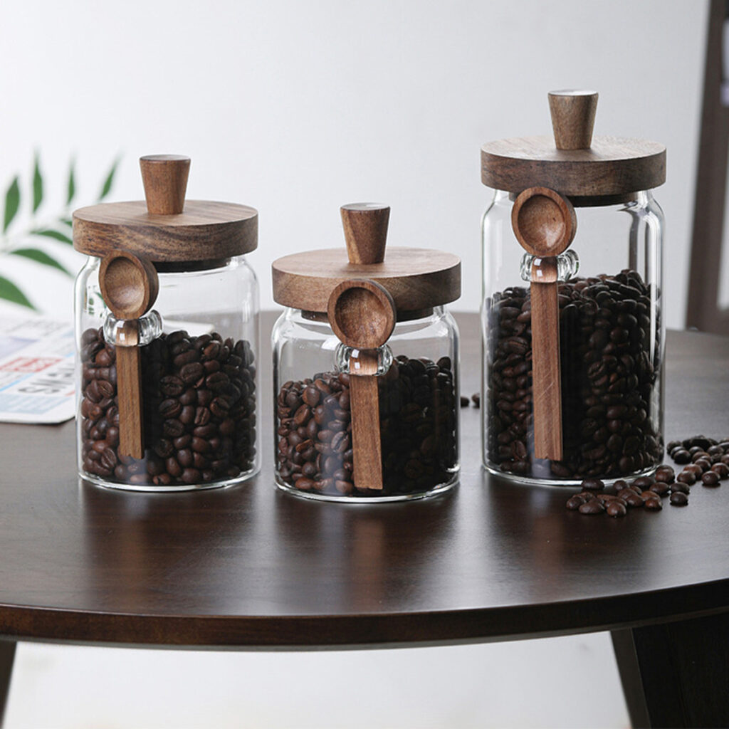 3-Piece Glass Coffee & Tea Storage Canisters with Wooden Spoons (15 oz, 18.5 oz, 25 oz Airtight Acacia Wood Lids)