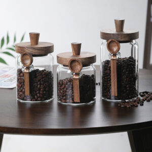 3-Piece Glass Coffee & Tea Storage Canisters with Wooden Spoons (15 oz, 18.5 oz, 25 oz Airtight Acacia Wood Lids)