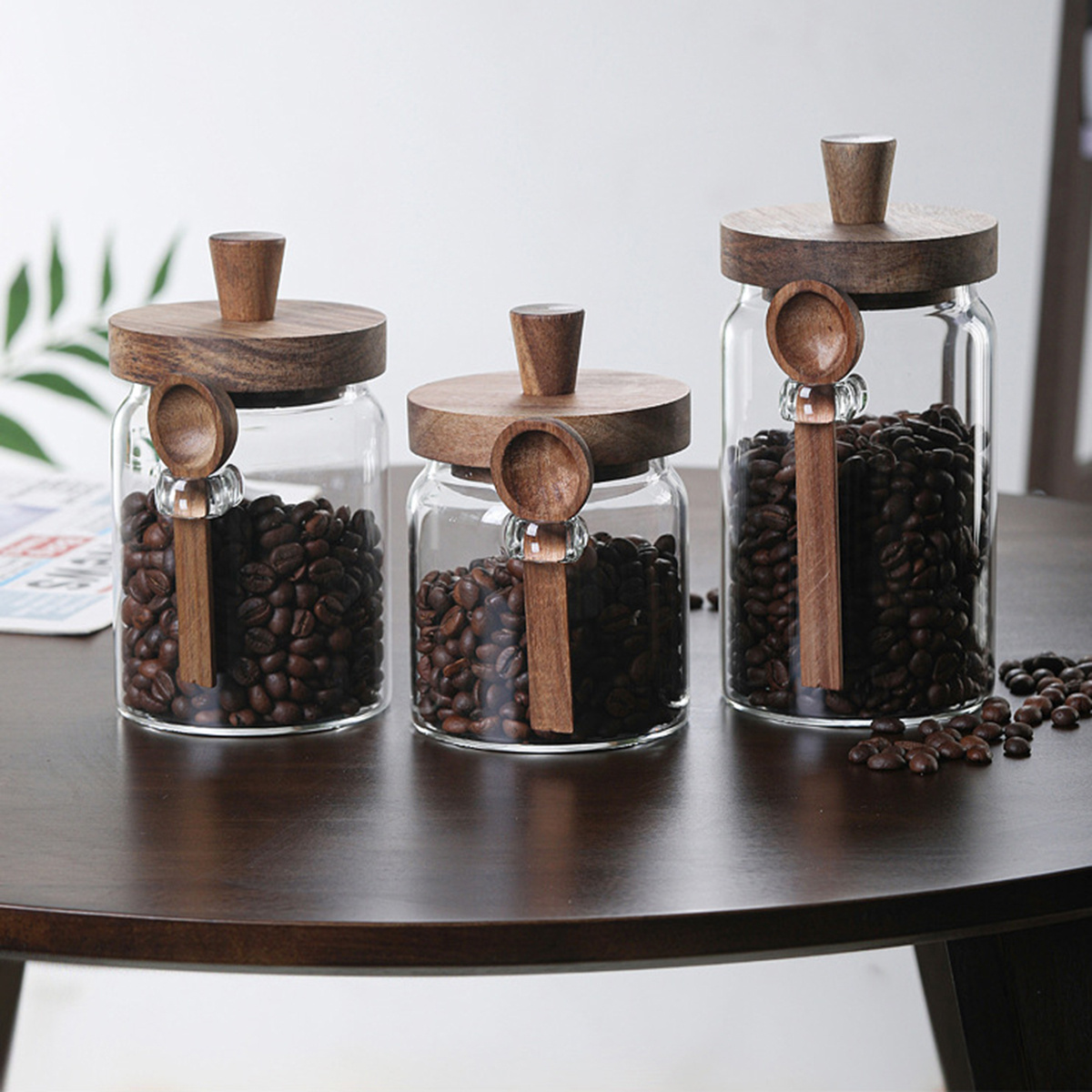 TidyVo 3-Piece Glass Storage Canisters with Hardwood Lids and Side-Hanging Wooden Spoons